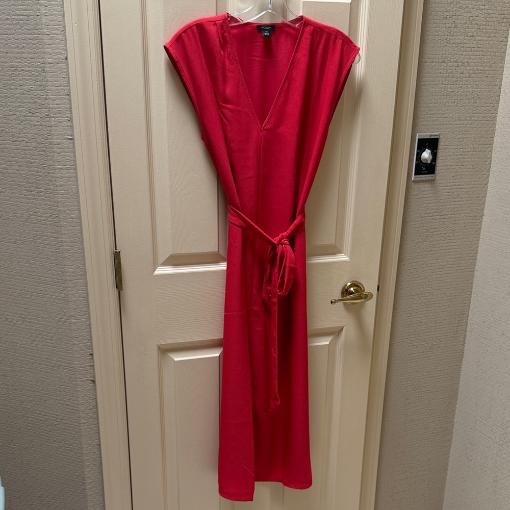 Ann Taylor Bright Red Cap-Sleeve Midi Dress with Tie Waist